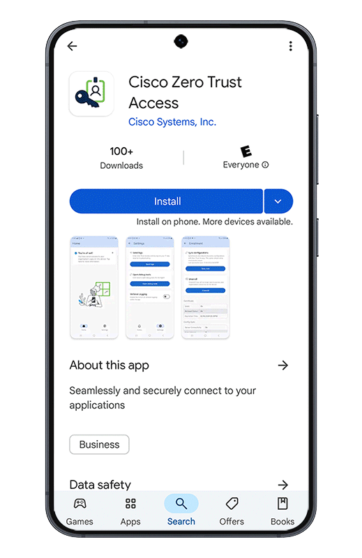 Animated phone screen demonstrating the different steps to download the Cisco Zero Trust Access on a mobile device.