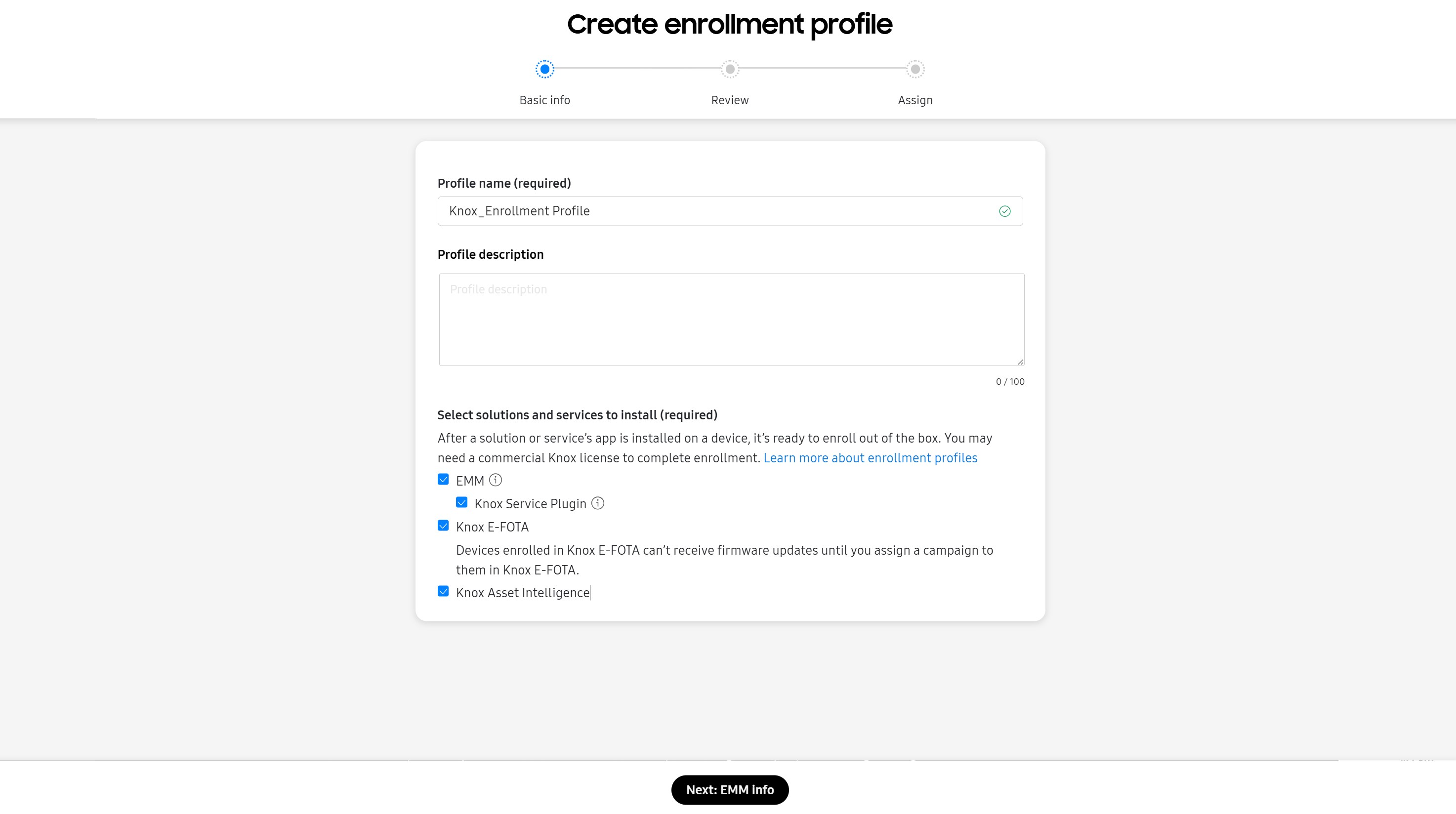 The Basic info page of the Create enrollment profile workflow, with required fields for profile name and solutions.