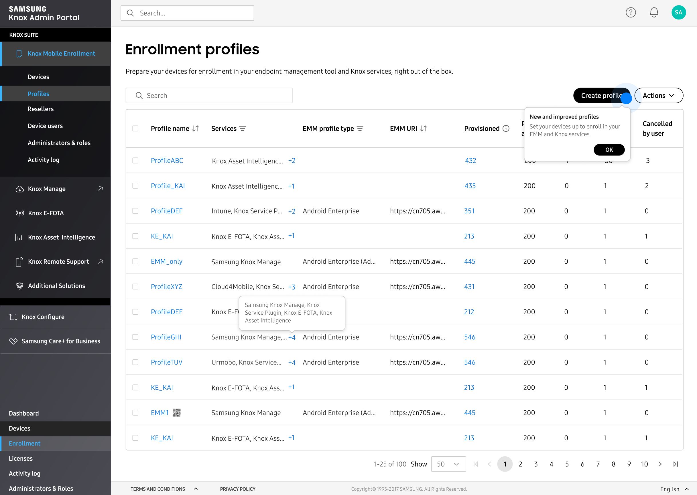 The Enrollment profiles page from the Knox Mobile Enrollment console, with the cursor hovering the 'Create profiles' button.
