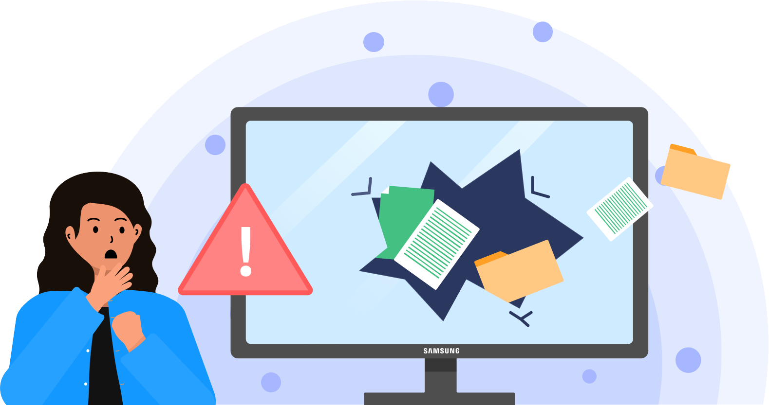 Person reacting to a warning icon and scattered digital files on a computer screen.