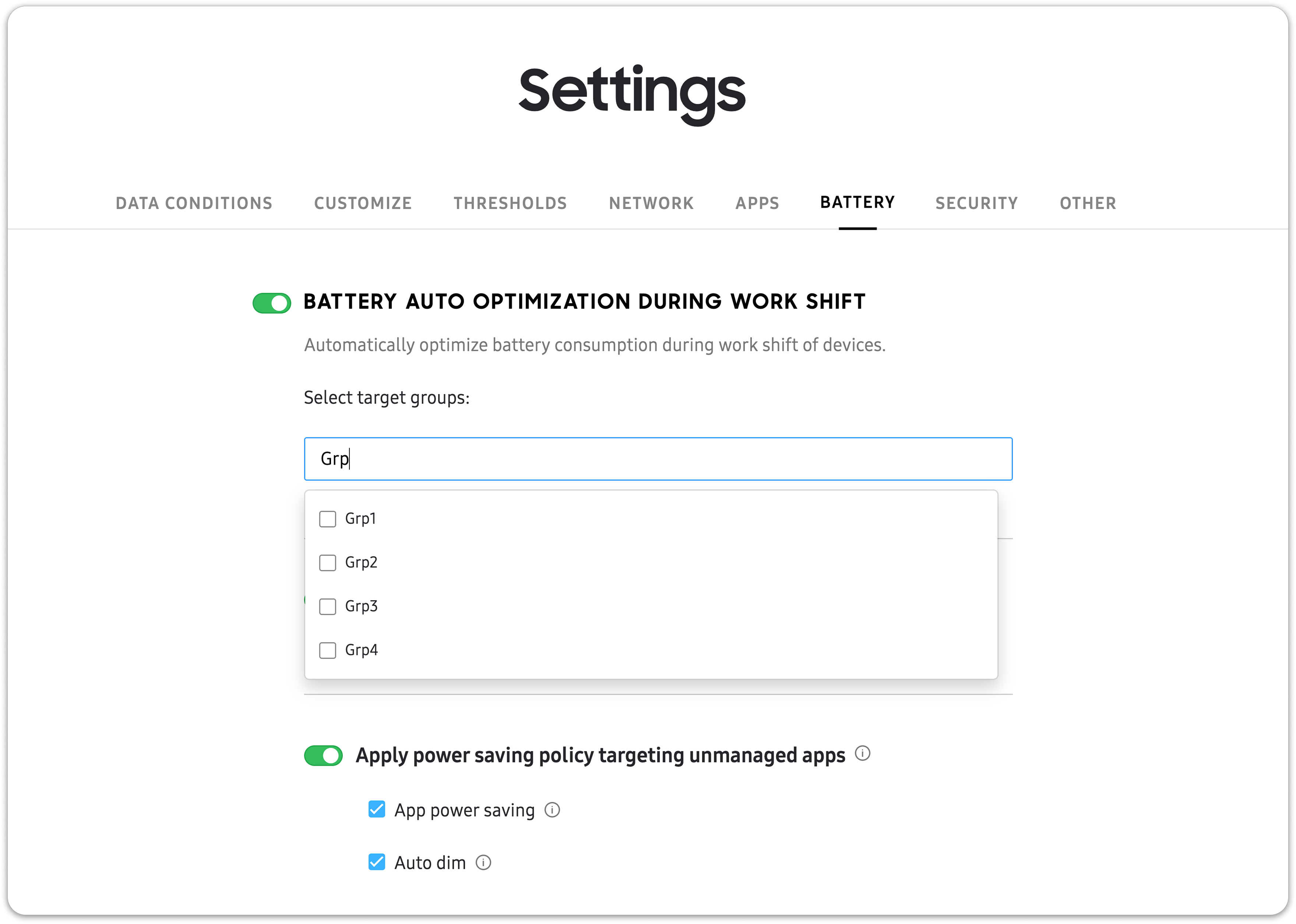 Apply battery optimization policies by team, site, or device groups.