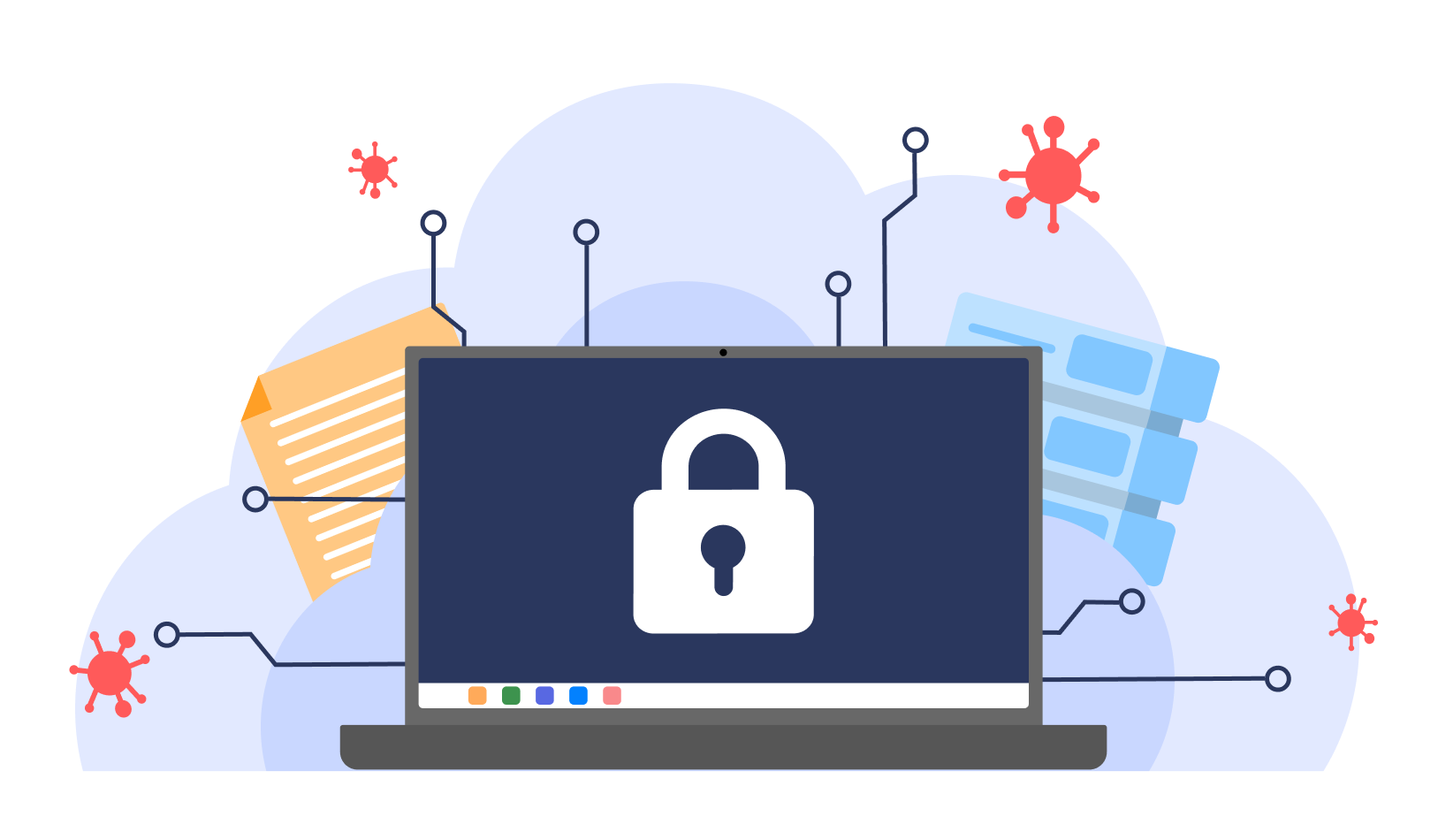 Cybersecurity illustration showing a locked laptop amid cloud storage, files, and virus icons.